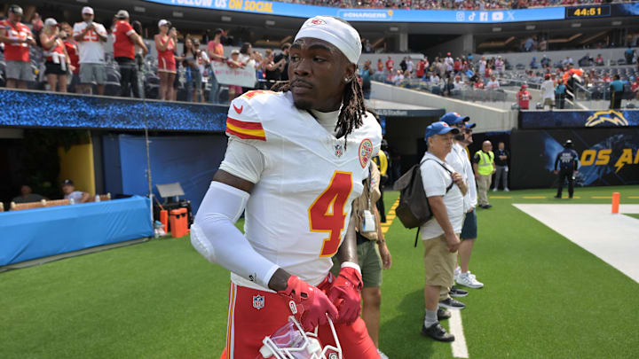 Sep 29, 2024; Inglewood, California, USA; Kansas City Chiefs wide receiver Rashee Rice (4) leaves the field following the game against the Los Angeles Chargers at SoFi Stadium. Mandatory Credit: Jayne Kamin-Oncea-Imagn Images Sep 29, 2024; Inglewood, California, USA; Kansas City Chiefs wide receiver Rashee Rice (4) leaves the field following the game against the Los Angeles Chargers at SoFi Stadium. Mandatory Credit: Jayne Kamin-Oncea-Imagn Images