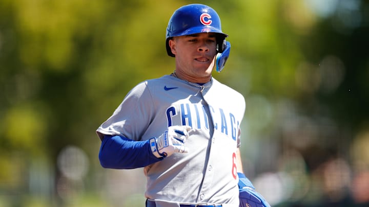 Chicago Cubs second base Matt Shaw (6) advances to third base on a single by outfielder Ian Happ (8) during the second inning against the Athletics at Sutter Health Park. 