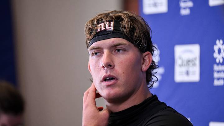 May 21, 2026; East Rutherford, NJ, USA; New York Giants quarterback Jaxson Dart (6) speaks at a press conference during organized team activities at Quest Diagnostics Training Center. May 21, 2026; East Rutherford, NJ, USA; New York Giants quarterback Jaxson Dart (6) speaks at a press conference during organized team activities at Quest Diagnostics Training Center.