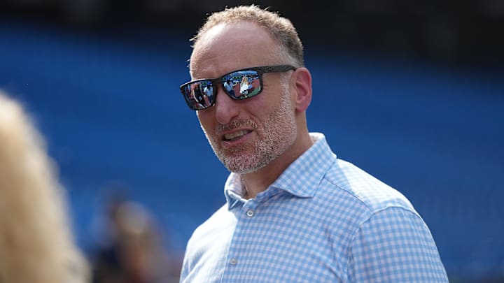 Aug 11, 2023; Toronto, Ontario, CAN; Toronto Blue Jays president and CEO Mark Shapiro talks with friends during batting practice before a game between the Chicago Cubs and the Toronto Blue Jays at Rogers Centre. Mandatory Credit: Nick Turchiaro-Imagn Images Aug 11, 2023; Toronto, Ontario, CAN; Toronto Blue Jays president and CEO Mark Shapiro talks with friends during batting practice before a game between the Chicago Cubs and the Toronto Blue Jays at Rogers Centre. Mandatory Credit: Nick Turchiaro-Imagn Images