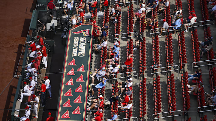 Aug 29, 2024; St. Louis, Missouri, USA;  A general view as fans look on from their seats during the eighth inning of a game between the St. Louis Cardinals and the San Diego Padres at Busch Stadium. Mandatory Credit: Jeff Curry-Imagn Images