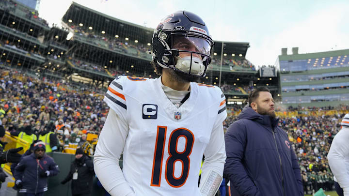 Jan 5, 2025; Green Bay, Wisconsin, USA;  Chicago Bears quarterback Caleb Williams (18) prior to the game against the Green Bay Packers at Lambeau Field. Mandatory Credit: Jeff Hanisch-Imagn Images