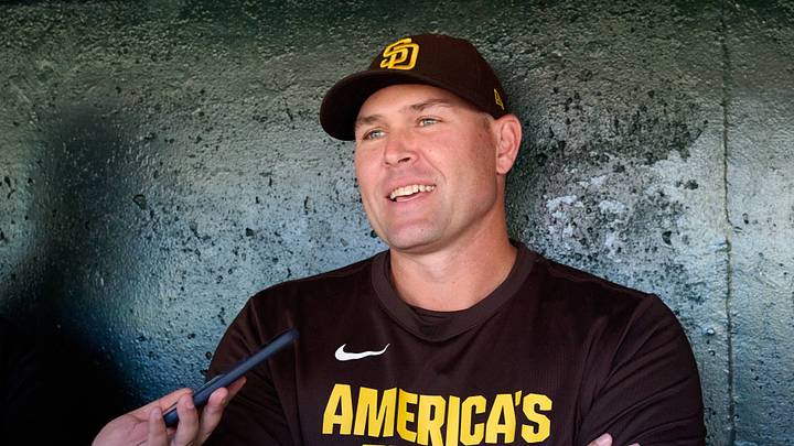 Sep 13, 2026; San Francisco, California, USA; San Diego Padres manager Craig Stammen (14) speaks to the media in the dugout before a game against the San Francisco Giants at Oracle Park. Mandatory Credit: Robert Edwards-Imagn Images
