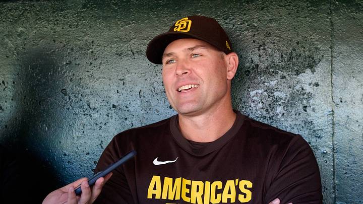 Sep 13, 2026; San Francisco, California, USA; San Diego Padres manager Craig Stammen (14) speaks to the media in the dugout before a game against the San Francisco Giants at Oracle Park. Mandatory Credit: Robert Edwards-Imagn Images