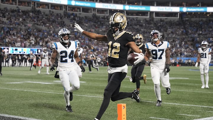 Sep 18, 2023; Charlotte, North Carolina, USA; New Orleans Saints wide receiver Chris Olave (12)