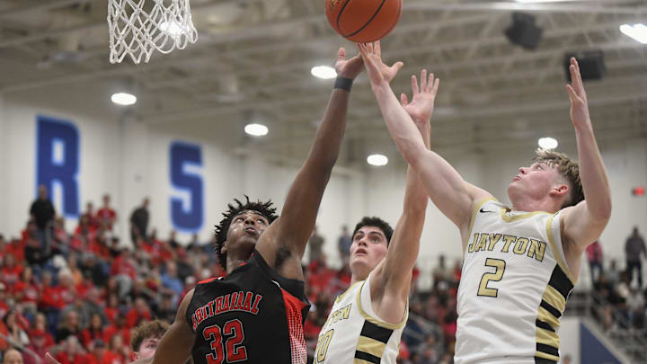 Whitharral's Nathaniel Sansom, left, and Jayton's Bode Ham go after a rebound in a Class 1A Division II state semifinal boys basketball game Monday, March 9, 2026, at the Panther Pit.