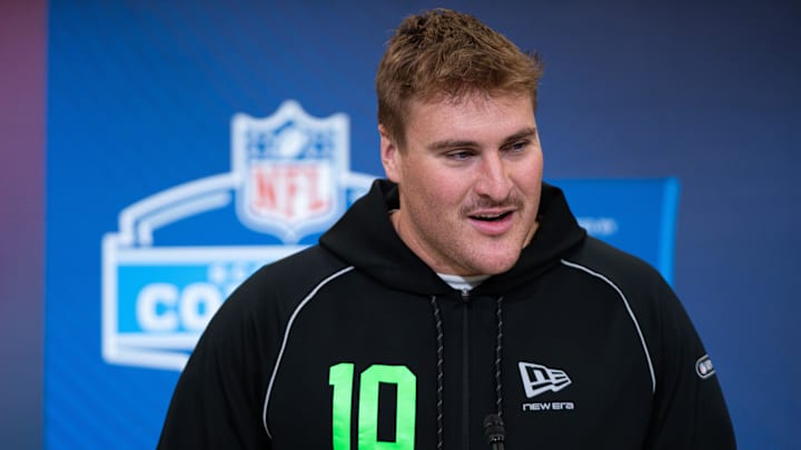 Feb 28, 2026; Indianapolis, IN, USA; Kentucky offensive lineman Jager Burton (OL10) speaks to members of the media during the NFL Combine at the Indiana Convention Center. Mandatory Credit: Jacob Musselman-Imagn Images