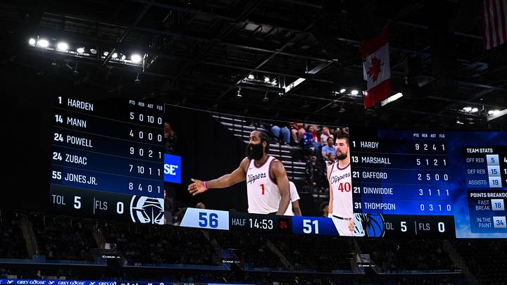 Oct 14, 2024; Inglewood, California, USA; View of the Jumbotron in LA Clippers vs Dallas Mavericks game during the first half at Intuit Dome. Mandatory Credit: Jonathan Hui-Imagn Images Oct 14, 2024; Inglewood, California, USA; View of the Jumbotron in LA Clippers vs Dallas Mavericks game during the first half at Intuit Dome. Mandatory Credit: Jonathan Hui-Imagn Images
