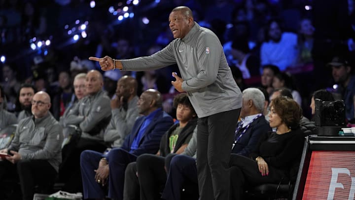 Dec 17, 2024; Las Vegas, Nevada, USA; Milwaukee Bucks head coach Doc Rivers during the 1st quarter of the Emirates NBA Cup championship game against the Oklahoma City Thunder at T-Mobile Arena. Mandatory Credit: Kyle Terada-Imagn Images
