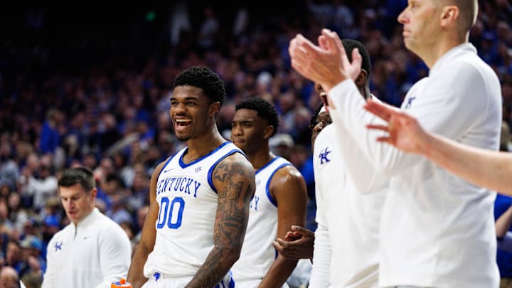 Oct 24, 2025; Lexington, KY, USA; Kentucky Wildcats guard Otega Oweh (00) celebrates from the bench during the first half against the Purdue Boilermakers at Rupp Arena at Central Bank Center. Mandatory Credit: Jordan Prather-Imagn Images Oct 24, 2025; Lexington, KY, USA; Kentucky Wildcats guard Otega Oweh (00) celebrates from the bench during the first half against the Purdue Boilermakers at Rupp Arena at Central Bank Center. Mandatory Credit: Jordan Prather-Imagn Images