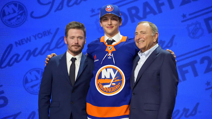 Jun 27, 2025; Los Angeles, California, USA; Victor Eklund is selected as the 16th overall pick to the New York Islanders in the first round of the 2025 NHL Draft at Peacock Theater. Mandatory Credit: Kirby Lee-Imagn Images