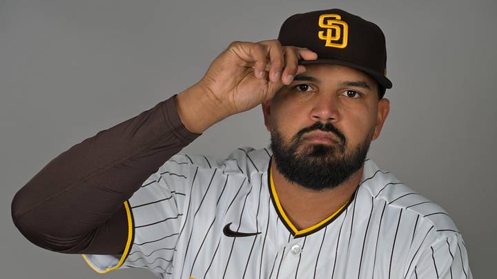 Feb 18, 2026; Peoria, AZ, USA; San Diego Padres pitcher German Marquez (33) during spring training photo day. Mandatory Credit: Jayne Kamin-Oncea-Imagn Images