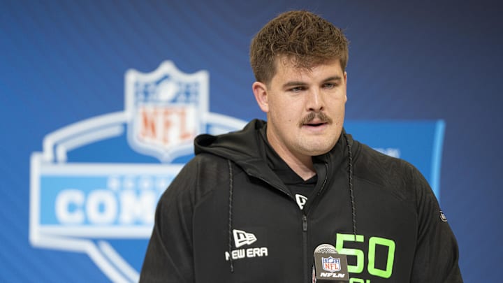 Mar 1, 2025; Indianapolis, IN, USA; North Dakota State University offensive lineman Grey Zabel (OL50) answers questions at a press conference during the 2025 NFL Combine at Indiana Convention Center. Mandatory Credit: Jacob Musselman-Imagn Images Mar 1, 2025; Indianapolis, IN, USA; North Dakota State University offensive lineman Grey Zabel (OL50) answers questions at a press conference during the 2025 NFL Combine at Indiana Convention Center. Mandatory Credit: Jacob Musselman-Imagn Images