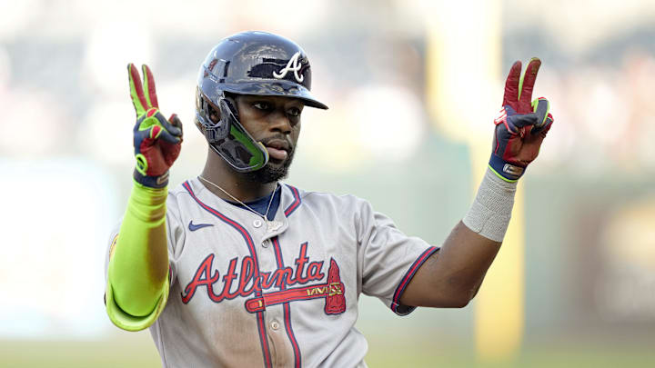 Jul 29, 2025; Kansas City, Missouri, USA; Atlanta Braves center fielder Michael Harris II (23) gestures to the dugout after hitting a triple during the second inning against the Kansas City Royals at Kauffman Stadium. Mandatory Credit: Jay Biggerstaff-Imagn Images