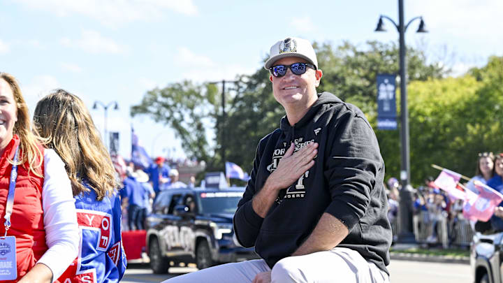 Nov 3, 2023; Arlington, TX, USA; Texas Rangers genera manager Chris Young smiles to the fans during the World Series championship parade at Globe Life Field. Mandatory Credit: Jerome Miron-Imagn Images