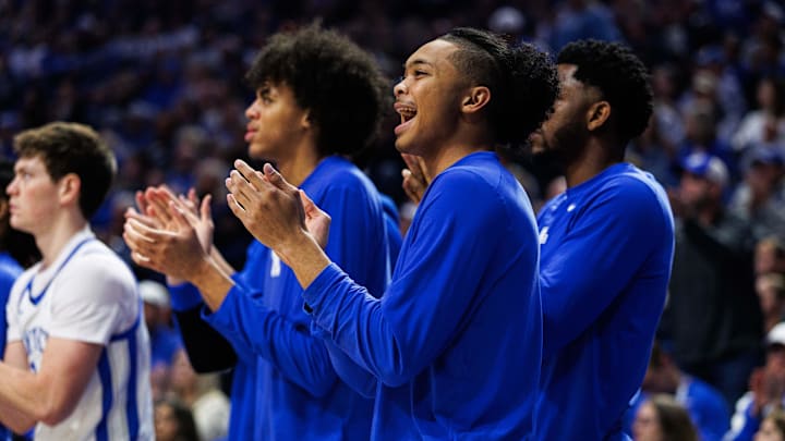 Nov 21, 2025; Lexington, Kentucky, USA; Kentucky Wildcats guard Jaland Lowe celebrates from the bench during the first half against the Loyola (MD) Greyhounds at Rupp Arena at Central Bank Center. Mandatory Credit: Jordan Prather-Imagn Images Nov 21, 2025; Lexington, Kentucky, USA; Kentucky Wildcats guard Jaland Lowe celebrates from the bench during the first half against the Loyola (MD) Greyhounds at Rupp Arena at Central Bank Center. Mandatory Credit: Jordan Prather-Imagn Images