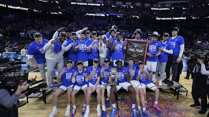 Mar 29, 2025; San Francisco, CA, USA; The Florida Gators pose for a photo after defeating the Texas Tech Red Raiders during the West Regional final of the 2025 NCAA tournament at Chase Center. Mandatory Credit: Kyle Terada-Imagn Images