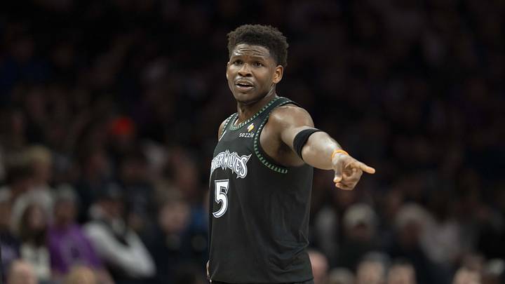 Mar 5, 2026; Minneapolis, Minnesota, USA; Minnesota Timberwolves guard Anthony Edwards (5) looks on during a free throws against the Toronto Raptors in the first half at Target Center. Mandatory Credit: Jesse Johnson-Imagn Images