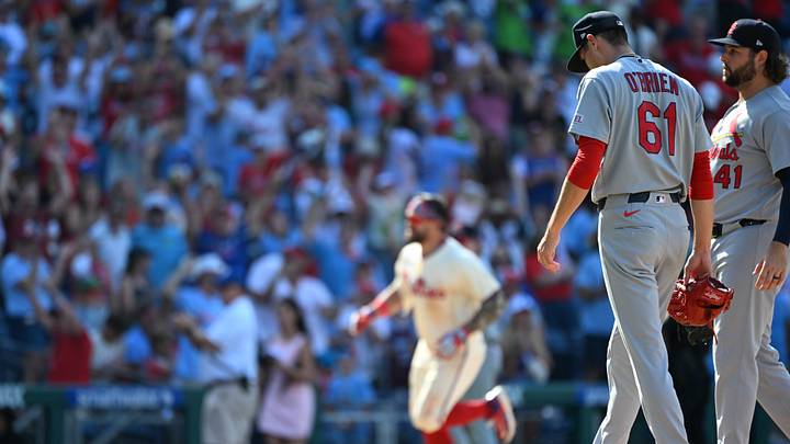 Aug 23, 2026; Philadelphia, Pennsylvania, USA; St. Louis Cardinals pitcher Riley O'Brien (61) walks off the field after allowing walk-off home run to Philadelphia Phillies designated hitter Kyle Schwarber (12) during the ninth inning at Citizens Bank Park. Mandatory Credit: Eric Hartline-Imagn Images Aug 23, 2026; Philadelphia, Pennsylvania, USA; St. Louis Cardinals pitcher Riley O'Brien (61) walks off the field after allowing walk-off home run to Philadelphia Phillies designated hitter Kyle Schwarber (12) during the ninth inning at Citizens Bank Park. Mandatory Credit: Eric Hartline-Imagn Images