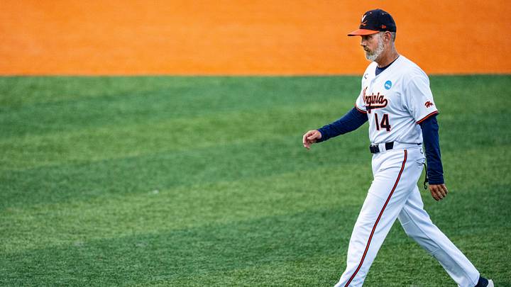 Virginia head coach Chris Pollard walks away from the pitcher’s mound during an NCAA Baseball Regional game between Virginia and Jax State at Pete Taylor Park in Hattiesburg, Miss., on Friday, May 29, 2026.