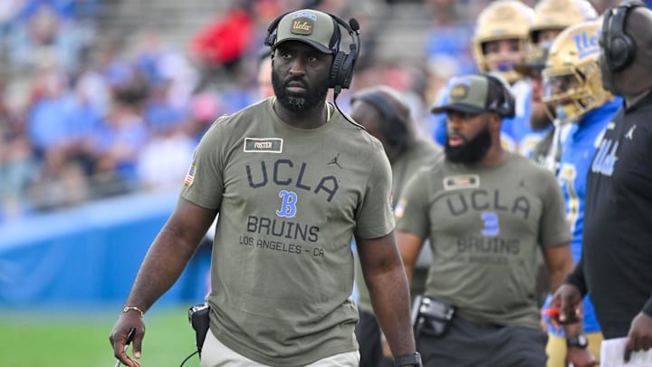 Nov 30, 2024; Pasadena, California, USA; UCLA Bruins head coach DeShaun Foster on the sidelines during the third quarter against the Fresno State Bulldogs at Rose Bowl. Mandatory Credit: Robert Hanashiro-Imagn Images