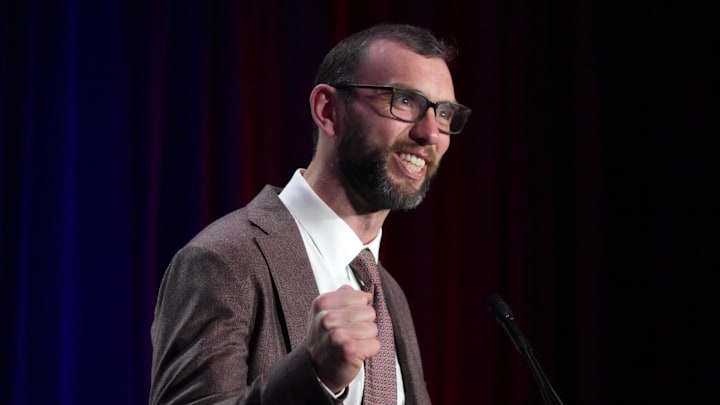 Feb 2, 2026; San Francisco, CA, USA; Andrew Luck speaks during the Bay Area host committee press conference at the Super Bowl LX media center at the Moscone Center. Mandatory Credit: Kirby Lee-Imagn Images