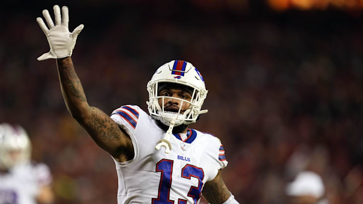 Jan 23, 2022; Kansas City, Missouri, USA; Buffalo Bills wide receiver Gabriel Davis (13) celebrates