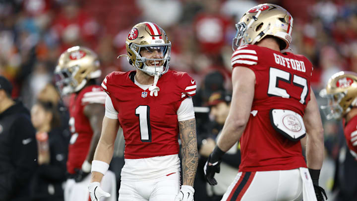 Dec 28, 2025; Santa Clara, California, USA; San Francisco 49ers wide receiver Ricky Pearsall (1) and linebacker Luke Gifford (57) talk before the game against the Chicago Bears at Levi's Stadium. Mandatory Credit: Sergio Estrada-Imagn Images Dec 28, 2025; Santa Clara, California, USA; San Francisco 49ers wide receiver Ricky Pearsall (1) and linebacker Luke Gifford (57) talk before the game against the Chicago Bears at Levi's Stadium. Mandatory Credit: Sergio Estrada-Imagn Images