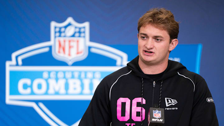 Feb 26, 2026; Indianapolis, IN, USA; Texas tight end Jack Endries (TE06) speaks to members of the media during the NFL Combine at the Indiana Convention Center. Mandatory Credit: Jacob Musselman-Imagn Images