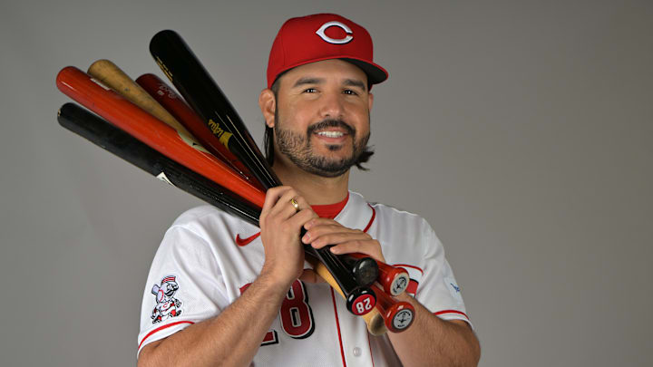 Feb 17, 2026; Goodyear, AZ, USA; Cincinnati Reds third baseman Eugenio Suarez (28) during media day in Goodyear, Arizona. Mandatory Credit: Jayne Kamin-Oncea-Imagn Images