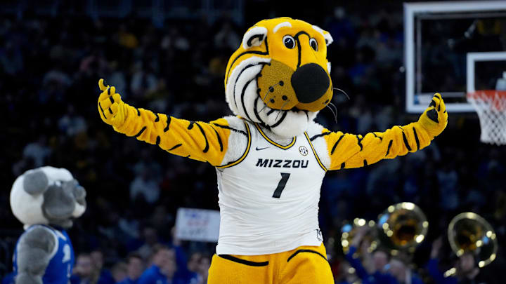 Mar 20, 2025; Wichita, KS, USA; The mascot for the Missouri Tigers in the first half of a first round men’s NCAA Tournament game against the Drake Bulldogs at Intrust Bank Arena. Mandatory Credit: Kirby Lee-Imagn Images