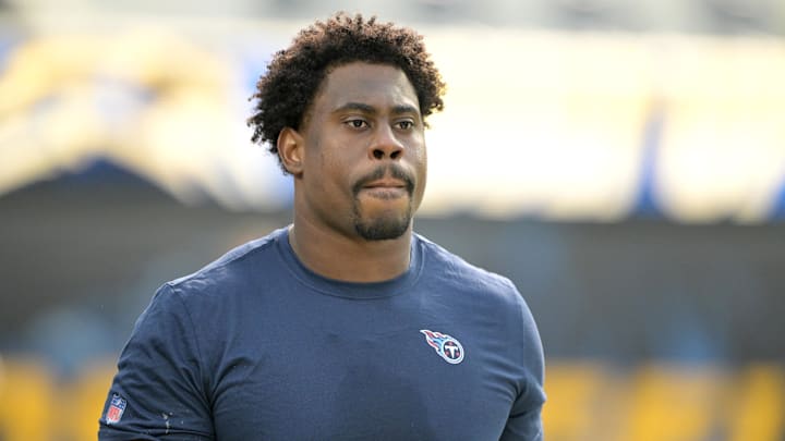 Nov 10, 2024; Inglewood, California, USA;  Tennessee Titans defensive tackle Sebastian Joseph-Day (69) warms up prior to the game against the Los Angeles Chargers at SoFi Stadium. Mandatory Credit: Jayne Kamin-Oncea-Imagn Images