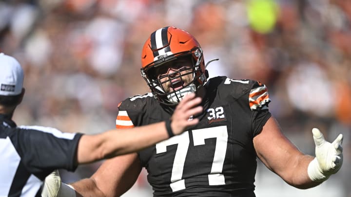 Oct 1, 2023; Cleveland, Ohio, USA; Cleveland Browns guard Wyatt Teller (77) reacts after he was flagged for a holding penalty in the third quarter against the Baltimore Ravens at Cleveland Browns Stadium. Mandatory Credit: David Richard-USA TODAY Sports Oct 1, 2023; Cleveland, Ohio, USA; Cleveland Browns guard Wyatt Teller (77) reacts after he was flagged for a holding penalty in the third quarter against the Baltimore Ravens at Cleveland Browns Stadium. Mandatory Credit: David Richard-USA TODAY Sports