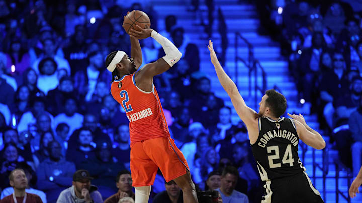 Dec 17, 2024; Las Vegas, Nevada, USA; Oklahoma City Thunder guard Shai Gilgeous-Alexander (2) shoots against Milwaukee Bucks guard Pat Connaughton (24) during the 3rd quarter of the Emirates NBA Cup championship game at T-Mobile Arena. Mandatory Credit: Kyle Terada-Imagn Images