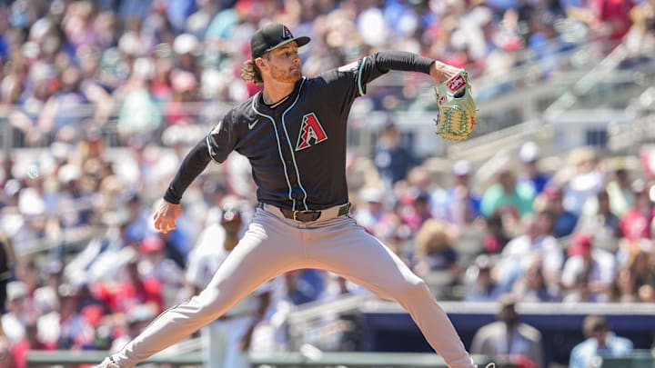Apr 7, 2024; Cumberland, Georgia, USA; Arizona Diamondbacks starting pitcher Ryne Nelson (19) pitches against the Atlanta Braves during the second inning at Truist Park. Mandatory Credit: Dale Zanine-USA TODAY Sports Apr 7, 2024; Cumberland, Georgia, USA; Arizona Diamondbacks starting pitcher Ryne Nelson (19) pitches against the Atlanta Braves during the second inning at Truist Park. Mandatory Credit: Dale Zanine-USA TODAY Sports