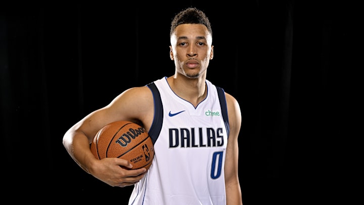 Sep 30, 2024; Dallas, TX, USA; Dallas Mavericks guard Dante Exum (0) poses for a photo during the 2024 Dallas Mavericks media day. Mandatory Credit: Jerome Miron-Imagn Images