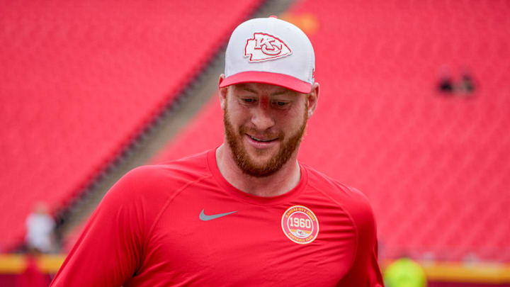 Kansas City Chiefs quarterback Carson Wentz on Aug 22, 2024. Kansas City Chiefs quarterback Carson Wentz on Aug 22, 2024.