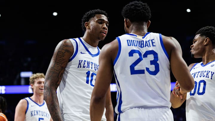 Jan 21, 2026; Lexington, Kentucky, USA; Kentucky Wildcats forward Brandon Garrison (10) reacts after forward Mouhamed Dioubate (23) makes a basket and gets fouled during the second half against the Texas Longhorns at Rupp Arena at Central Bank Center. Mandatory Credit: Jordan Prather-Imagn Images