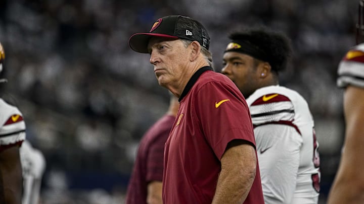 Nov 23, 2023; Arlington, Texas, USA; Washington Commanders defensive coordinator Jack Del Rio before the game between the Dallas Cowboys and the Washington Commanders at AT&T Stadium. Mandatory Credit: Jerome Miron-Imagn Images