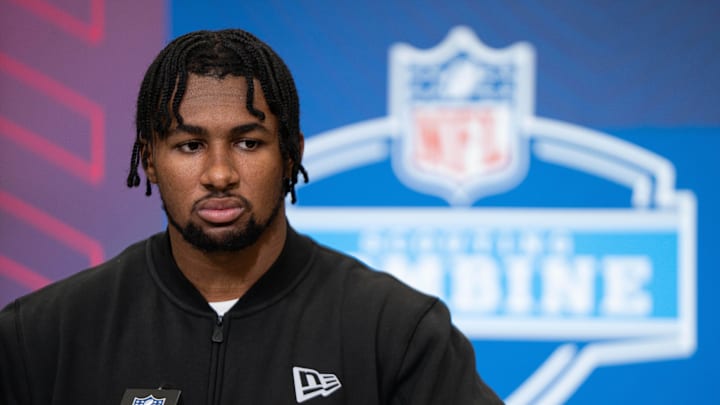 Feb 27, 2026; Indianapolis, IN, USA; Penn State running back Nick Singleton (RB18) speaks to members of the media during the NFL Combine at the Indiana Convention Center. Mandatory Credit: Jacob Musselman-Imagn Images