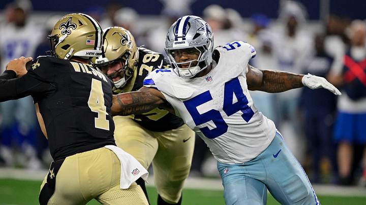 Aug 28, 2026; Arlington, Texas, USA; Dallas Cowboys linebacker Sam Williams (54) rushes against New Orleans Saints quarterback Zach Wilson (4) during the game between the Cowboys and the Saints at AT&T Stadium. Mandatory Credit: Jerome Miron-Imagn Images