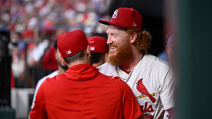 Jul 29, 2026; St. Louis, Missouri, USA; St. Louis Cardinals starting pitcher Dustin May (3) is hugged by St. Louis Cardinals pitcher Andre Pallante (53) during a game against the Chicago Cubs in the fifth inning at Busch Stadium. Mandatory Credit: Joe Puetz-Imagn Images Jul 29, 2026; St. Louis, Missouri, USA; St. Louis Cardinals starting pitcher Dustin May (3) is hugged by St. Louis Cardinals pitcher Andre Pallante (53) during a game against the Chicago Cubs in the fifth inning at Busch Stadium. Mandatory Credit: Joe Puetz-Imagn Images