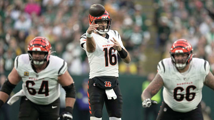 Cincinnati Bengals quarterback Joe Flacco (160 throws a pass during the fourth quarter of their game Sunday, October 12, 2025 at Lambeau Field in Green Bay, Wisconsin. The Green Bay Packers beat the Cincinnati Bengals 27-18. Cincinnati Bengals quarterback Joe Flacco (160 throws a pass during the fourth quarter of their game Sunday, October 12, 2025 at Lambeau Field in Green Bay, Wisconsin. The Green Bay Packers beat the Cincinnati Bengals 27-18.