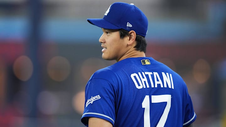 Apr 6, 2026; Toronto, Ontario, CAN; Los Angeles Dodgers two-way player Shohei Ohtani (17) walks onto the field during batting practice before a game against the Toronto Blue Jays at Rogers Centre. Mandatory Credit: Nick Turchiaro-Imagn Images