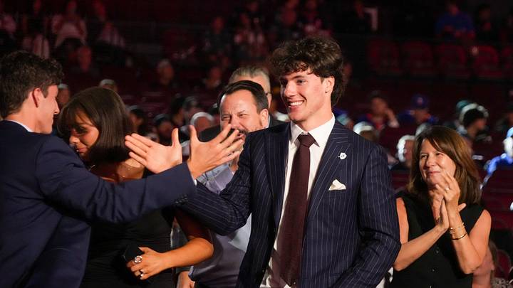 Jun 27, 2025; Los Angeles, California, USA; Mason West is selected as the 29th overall pick to the Chicago Blackhawks in the first round of the 2025 NHL Draft at Peacock Theater. Mandatory Credit: Kirby Lee-Imagn Images Jun 27, 2025; Los Angeles, California, USA; Mason West is selected as the 29th overall pick to the Chicago Blackhawks in the first round of the 2025 NHL Draft at Peacock Theater. Mandatory Credit: Kirby Lee-Imagn Images