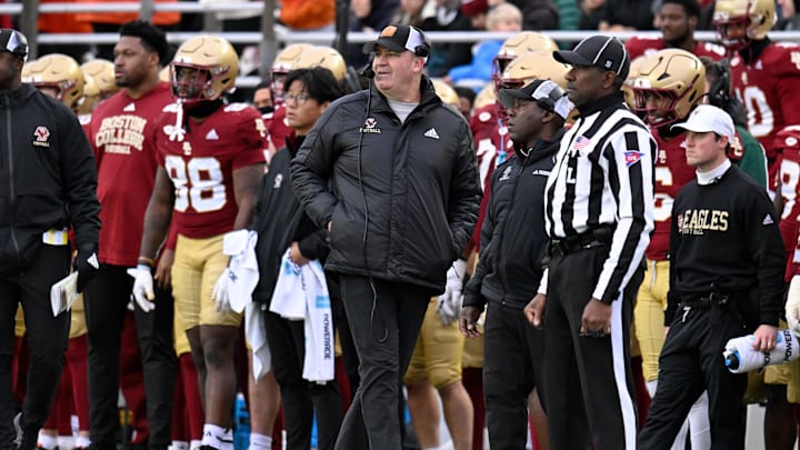 Nov 23, 2024; Chestnut Hill, Massachusetts, USA;  Boston College Eagles head coach Bill O'Brien watches from the sideline during the second half against the North Carolina Tar Heels at Alumni Stadium. Mandatory Credit: Eric Canha-Imagn Images