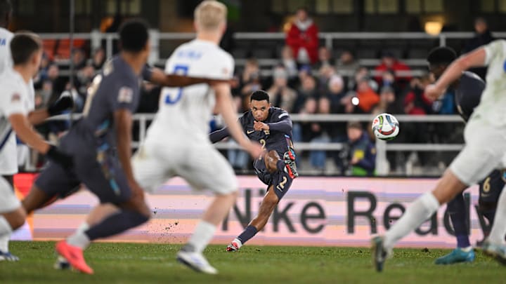 Trent Alexander-Arnold curls in a free kick against Finland 
