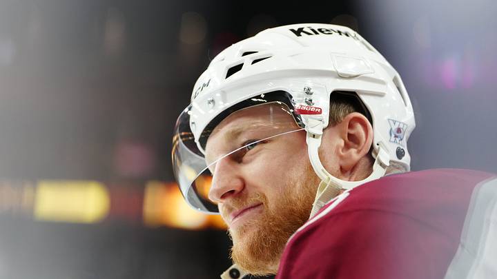 May 24, 2026; Las Vegas, Nevada, USA; Colorado Avalanche center Nathan MacKinnon (29) warms up before a game against the Vegas Golden Knights in game three of the Western Conference Final of the 2026 Stanley Cup Playoffs at T-Mobile Arena. Mandatory Credit: Stephen R. Sylvanie-Imagn Images