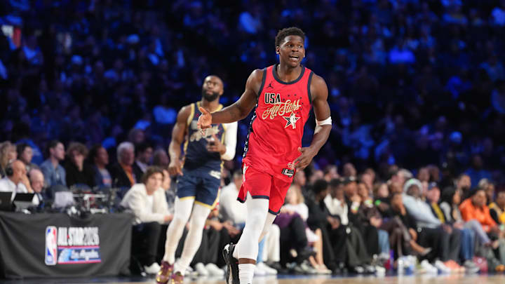Feb 15, 2026; Inglewood, California, USA; Team USA Stars guard Anthony Edwards (5) of the Minnesota Timberwolves reacts in game four during the 75th NBA All Star Game at Intuit Dome. Mandatory Credit: Kirby Lee-Imagn Images