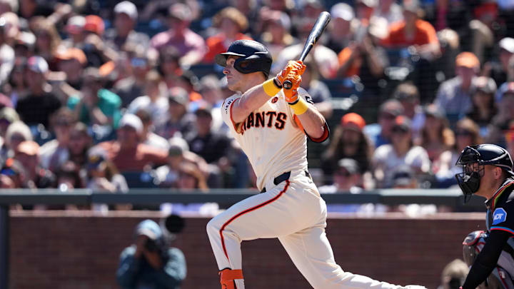 Sep 1, 2024; San Francisco, California, USA; San Francisco Giants pinch hitter Mark Canha (16) hits an RBI single against the Miami Marlins during the fifth inning at Oracle Park. Mandatory Credit: Darren Yamashita-Imagn Images Sep 1, 2024; San Francisco, California, USA; San Francisco Giants pinch hitter Mark Canha (16) hits an RBI single against the Miami Marlins during the fifth inning at Oracle Park. Mandatory Credit: Darren Yamashita-Imagn Images